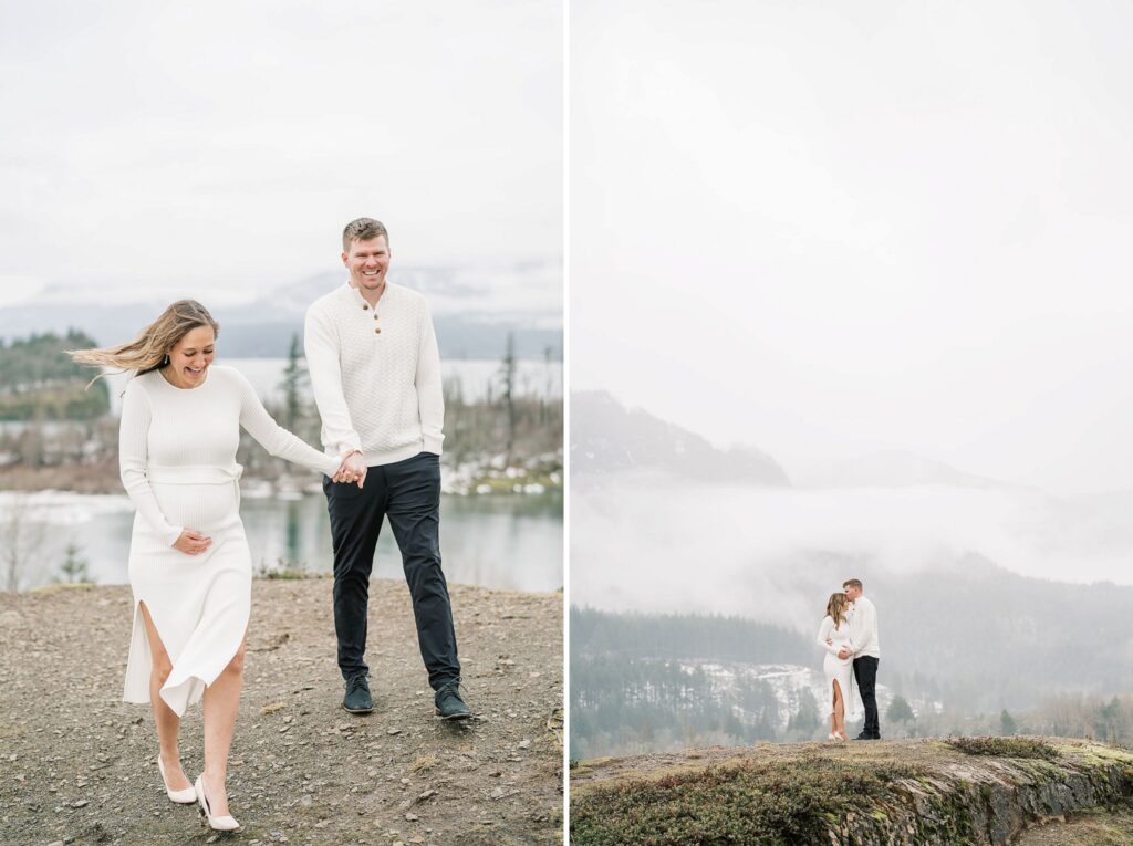 candid maternity photos of couple walking in snowy columbia river gorge winter maternity photos